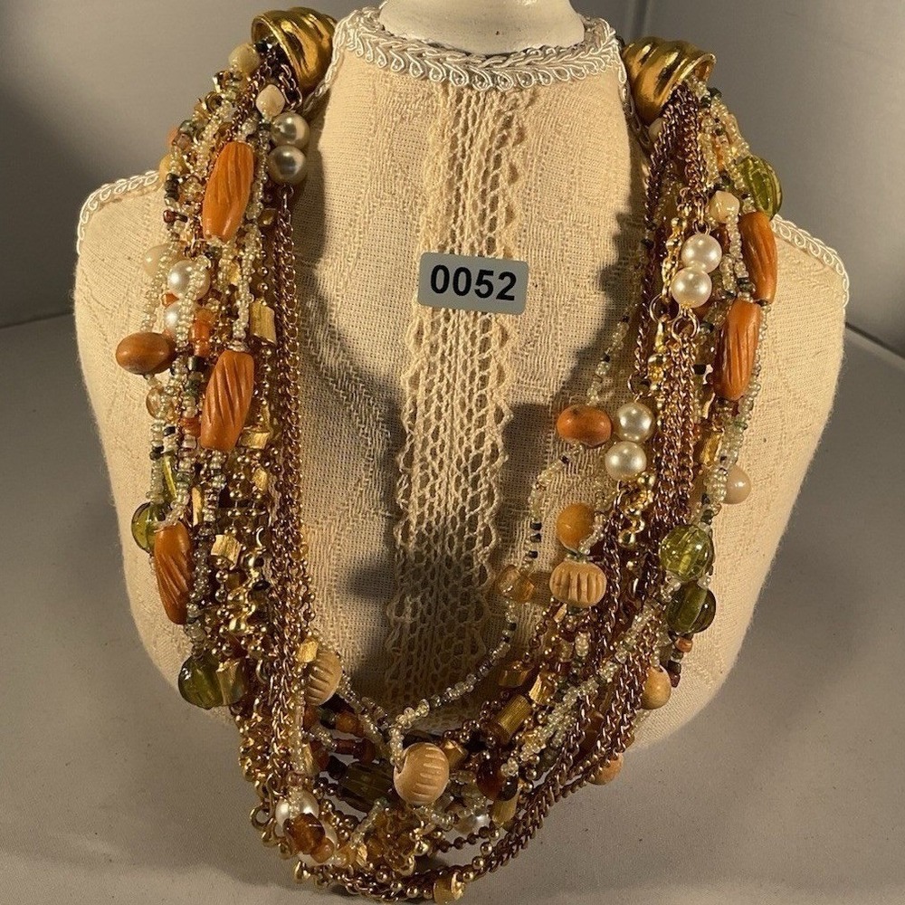 Vintage Style Multi Strand Brown Tan Green Beads Gold Tone Chains